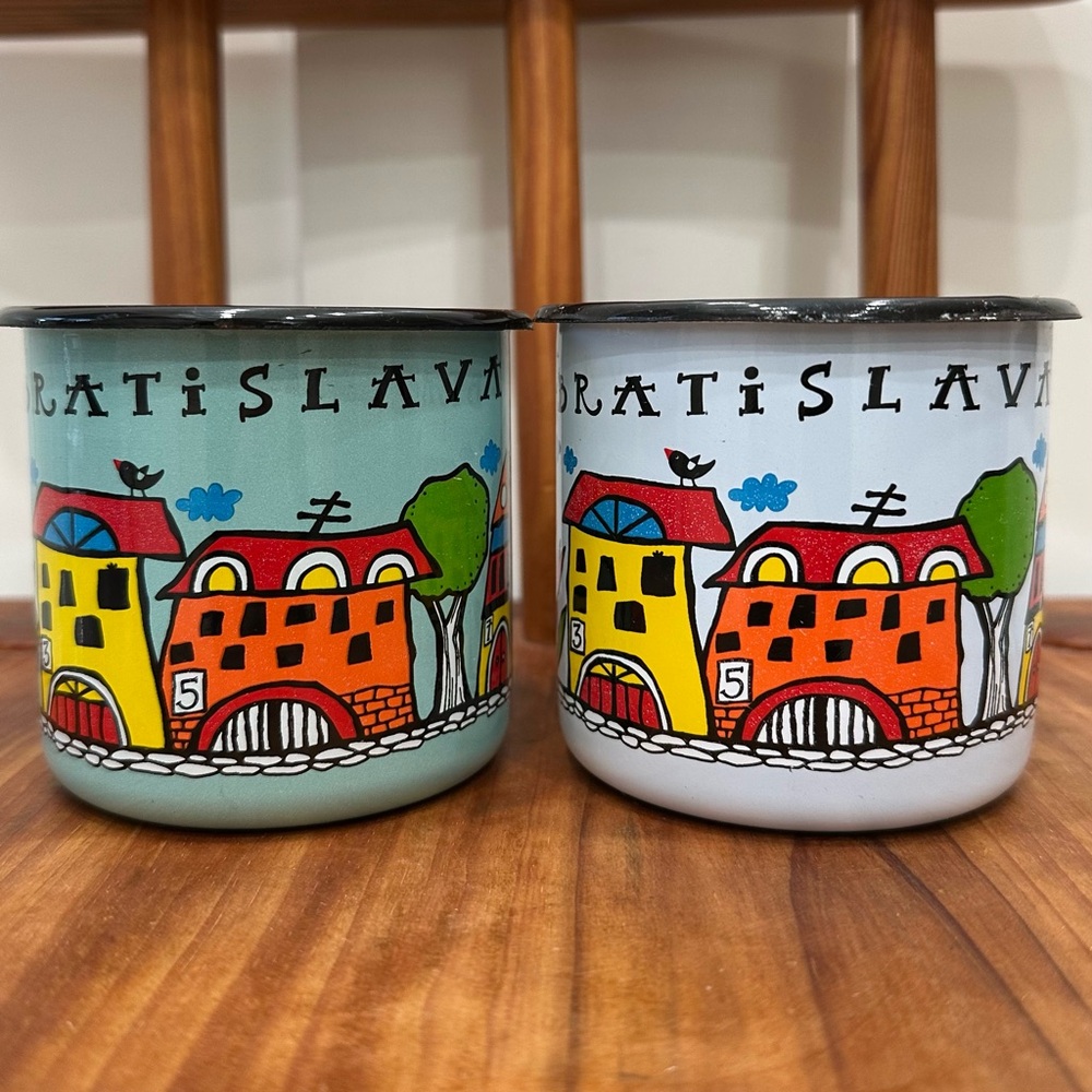 Set of 2 Bratislava Enamel Mug Cups Slovakia Retro Vintage